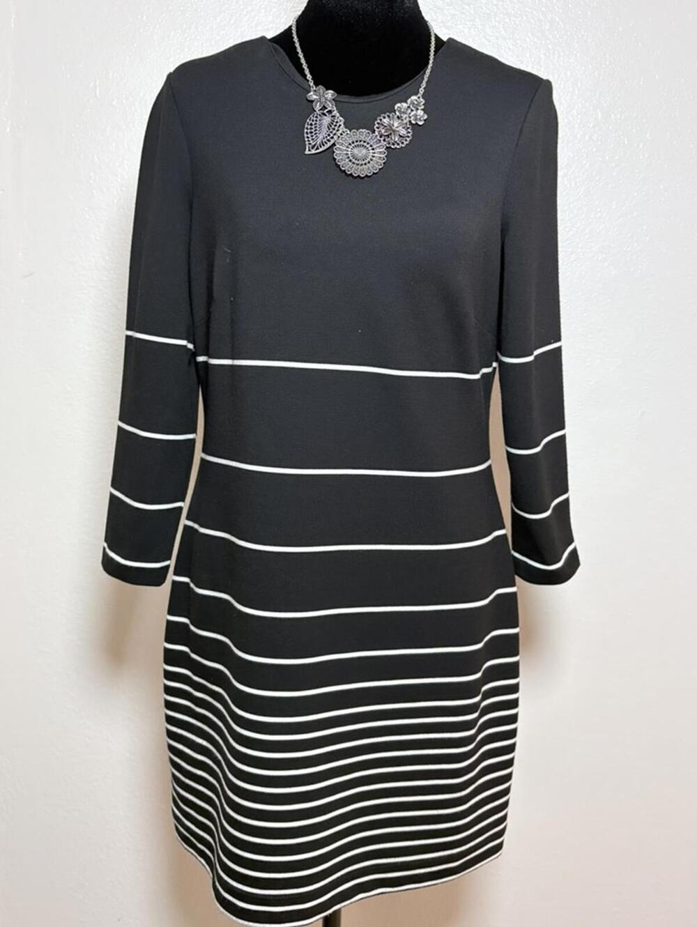 Calvin Klein Black White Stripe Shift Dress Sz 6 3/4 Sleeve Back Zip